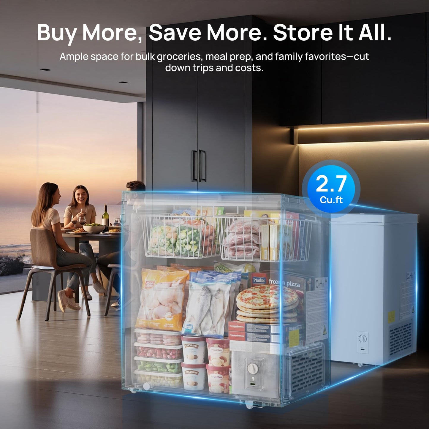 2.7 Cu.Ft Chest Freezer, Small Compact Deep Freezer with Adjustable 7 Thermostat,2 Removable Baskets, Energy Saving, Quiet Top Open Door Mini Meat Freezer with LED Light for Garage Outdoor Home Office
