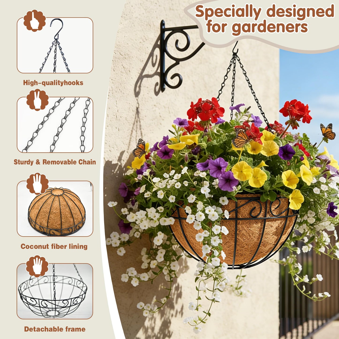 12 inch Metal Hanging Baskets For Plants Outdoor 4 Pack Round Metal Wire Hanging Basket Planter with Coco Fiber Liners Chain Round Wire Plant Holder for Garden, Patio, Deck, Porch Plants Flower Potss
