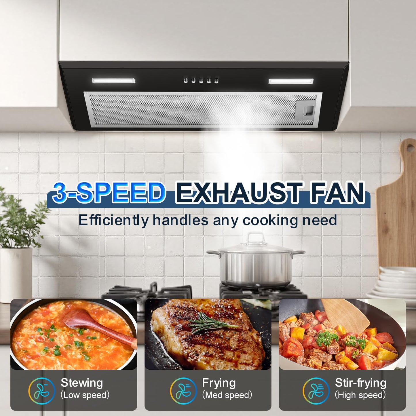 Insert Range Hood 24Inch, Built-in Kitchen Hood with 353 CFM, 3-Speed Vent Hood with Push Button Control LED Lights, Metal Filter, Suitable for Home kitchen, Compact Kitchen, Apartments
