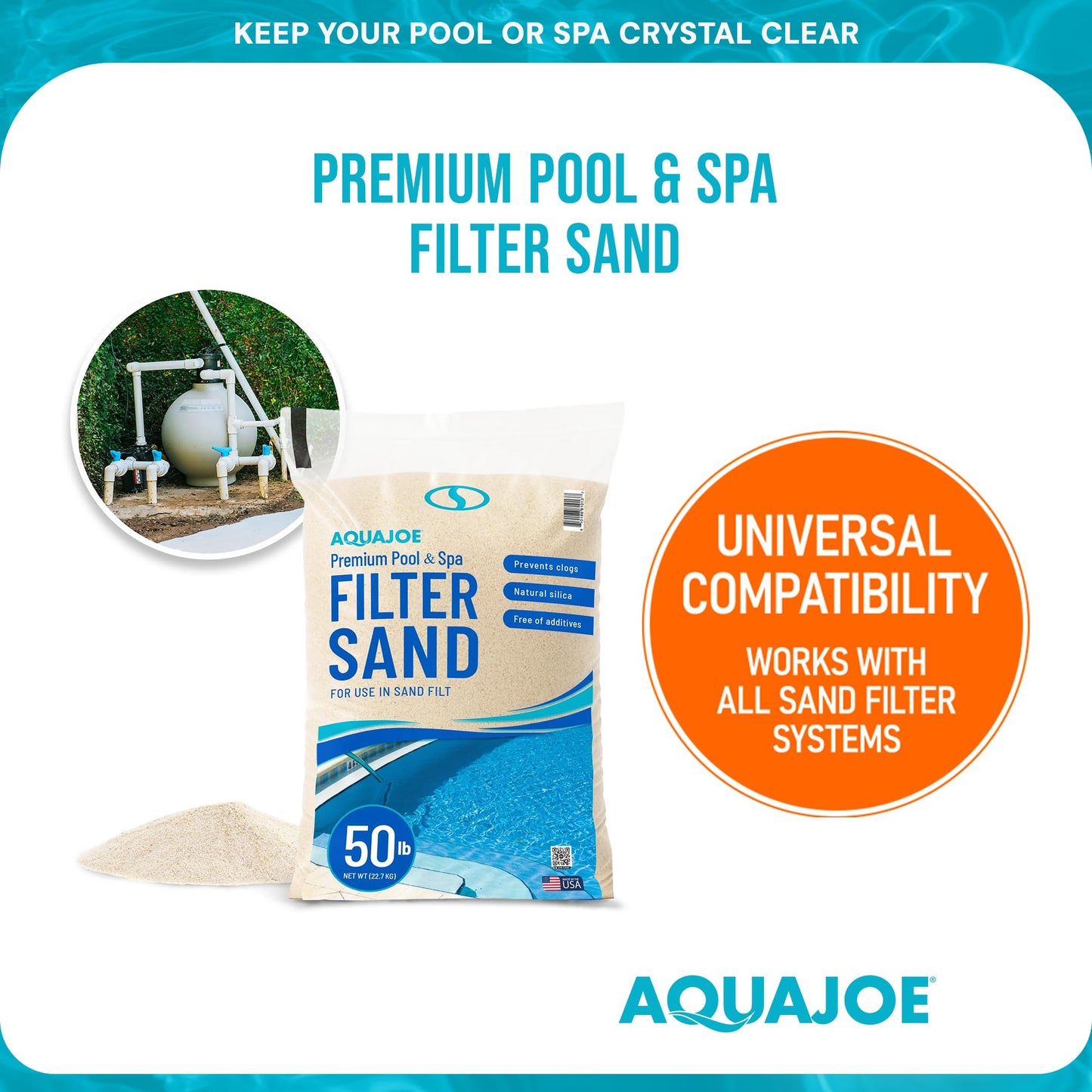 Aqua Joe Premium Pool and Spa Filter Sand, Natural Silica, 50 Lb Bag - Above Ground and Inground Swimming Pool System Accessory for Care, Cleaning, and Maintenance, FLTSAND50