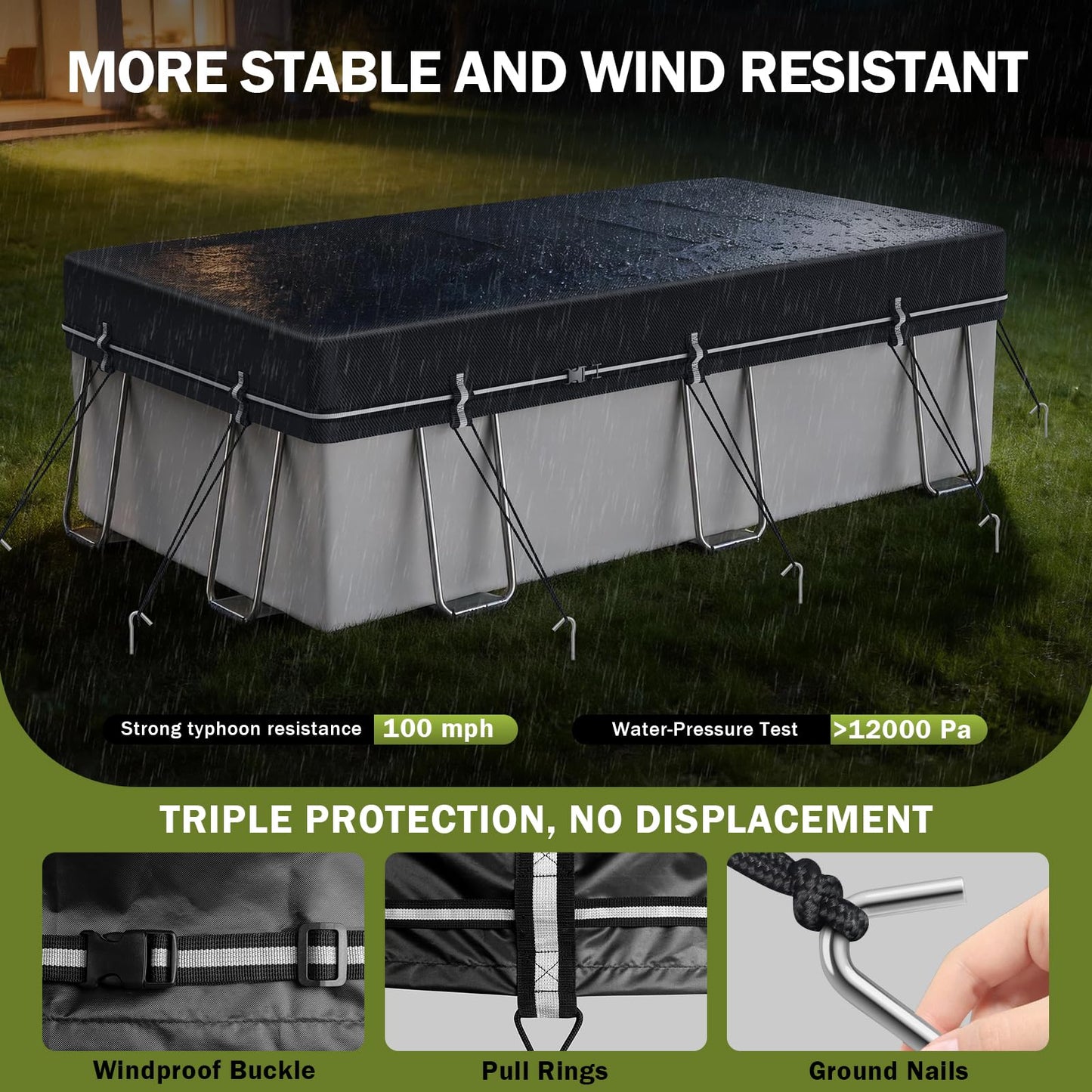 7x10Ft Rectangular Pool Cover, Swimming Pool Cover for Above Ground Pool, Solar Cover Including Full-Circle Windproof Buckle, Winter Cover Ideal for Waterproof and Dustproof