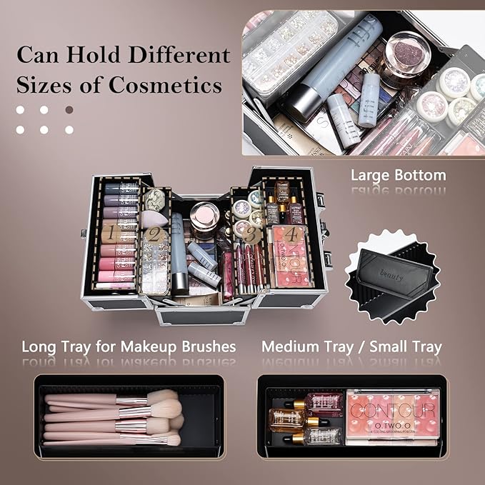 Frenessa Makeup Train Case Cosmetic Organizer Case Professional Makeup Storage Box 4 Trays with Divider Lockable Travel Case Portable Travel Makeup Box for Makeup Artist, Carfter, Cosmetics Black