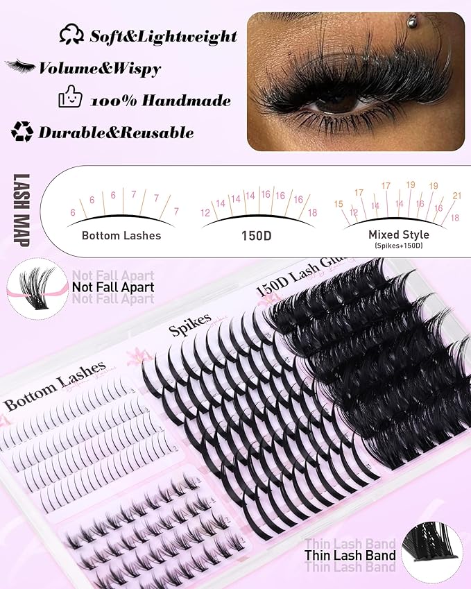 Lash Clusters with Spikes Wispy Cluster Eyelash Extensions with Bottom Lashes D Curl 150D Eyelash Clusters Volume Cluster Lashes 222PCS Fluffy Individual Lashes by Boahankuke