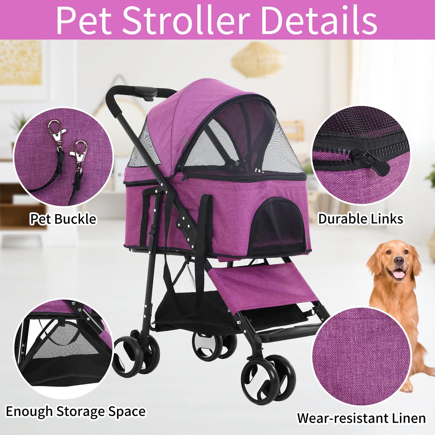 BLKMTY Dog Stroller 3-in-1 Folding Pet Strollers 4 Wheels Cat Stroller w/Storage Basket Dog Carrier Trolley One-Button Switch Travel Strollers with Safety Belt Detachable Carrier, Purple