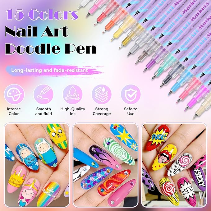15 Colors Nail Art Pens Set, 2026 New Nail Art Markers for Gel Nails, DIY Nail Art Pens for Painting Nails, Quick-drying Nail for DIY Nails Art Design Manicure Tools TA640-15