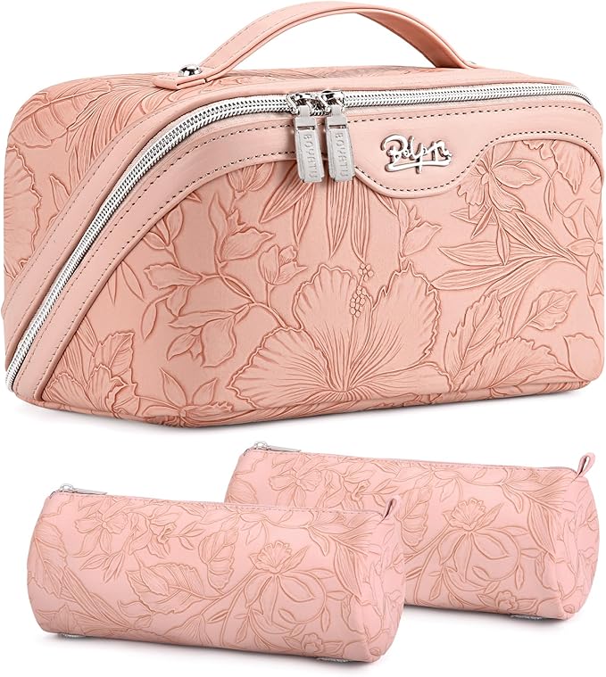 BOYATU Travel Makeup Bags Cosmetic Organizer Bag: 3-Set Large Capacity Make up Bag - PU Leather Toiletry Bags for Women - Wide Open Portable Pouch with Divider & Handle (01-Z-Pink)