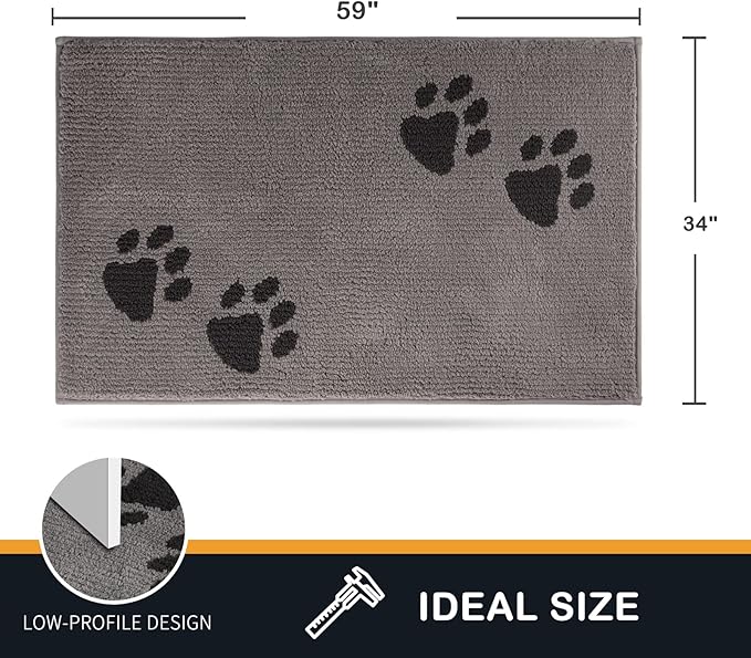 PURRUGS Dirt Trapping Door Mat 34" x 59", Non-Skid/Slip Machine Washable Microfiber Entrance Rug, Shoes Scraper, Dog Doormat, Super Absorbent Floor Mat for Muddy Wet Shoes and Paws, Light Grey