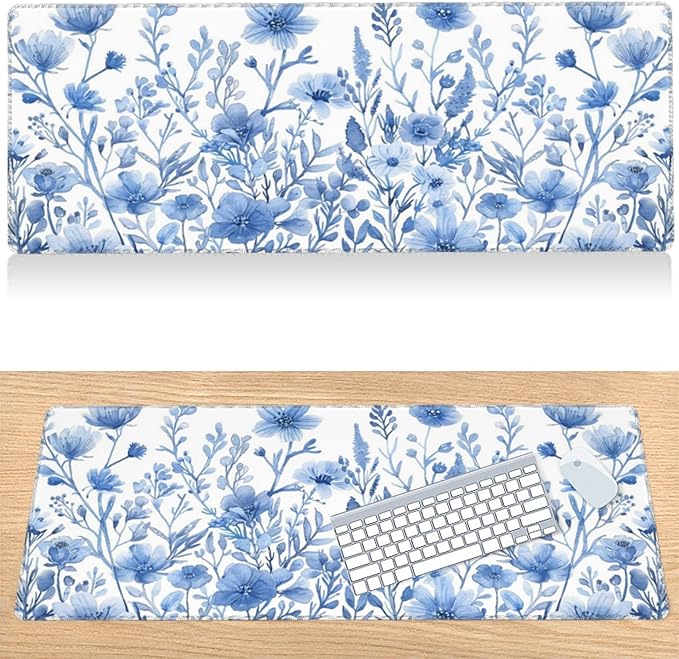 31.5?€?x11.8?€?Large Gaming Mouse Pad for Desk, Mouse Mat with Seamed Edges, Waterproof Desk Pad, Non-Slip Rubber Base, Keyboard Pad Computer Mat, Big XL Mousepad- Blue and White Flower