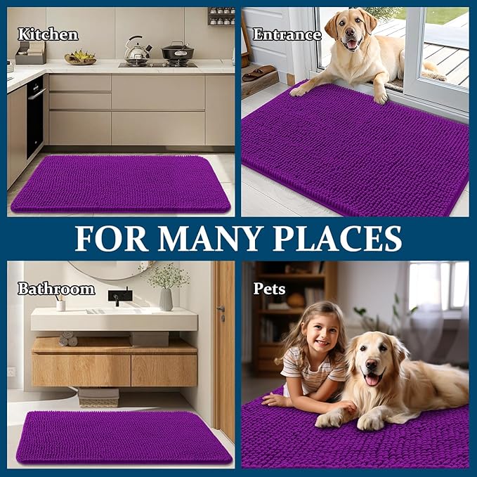 OLANLY Dog Door Mat for Muddy Paws 47x24, Absorbs Moisture and Dirt, Absorbent Non-Slip Washable Doormat, Quick Dry Chenille Mud Mat for Dogs, Entry Indoor Entryway Carpet for Inside Floor, Purple