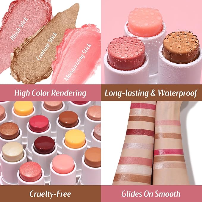 KIMUSE Face Sticks Trio, Cream Blush Stick & Highlighter Stick & Contour Stick for Sculpt the Cheeks, Long Lasting Cream Contour Stick Trio for Face Makeup, with Brush