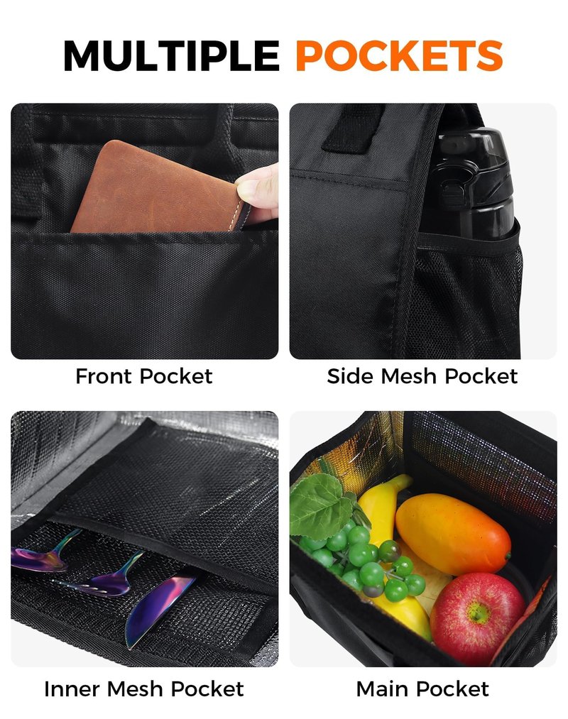 Fmeida 6.75L Small Insulated Lunch Bag Women Men, Lunch Bags with Multiple Pockets, Reusable Thermal Cooler Tote for Work, Office, Picnic, Travel | Hook and Loop Closure, Black