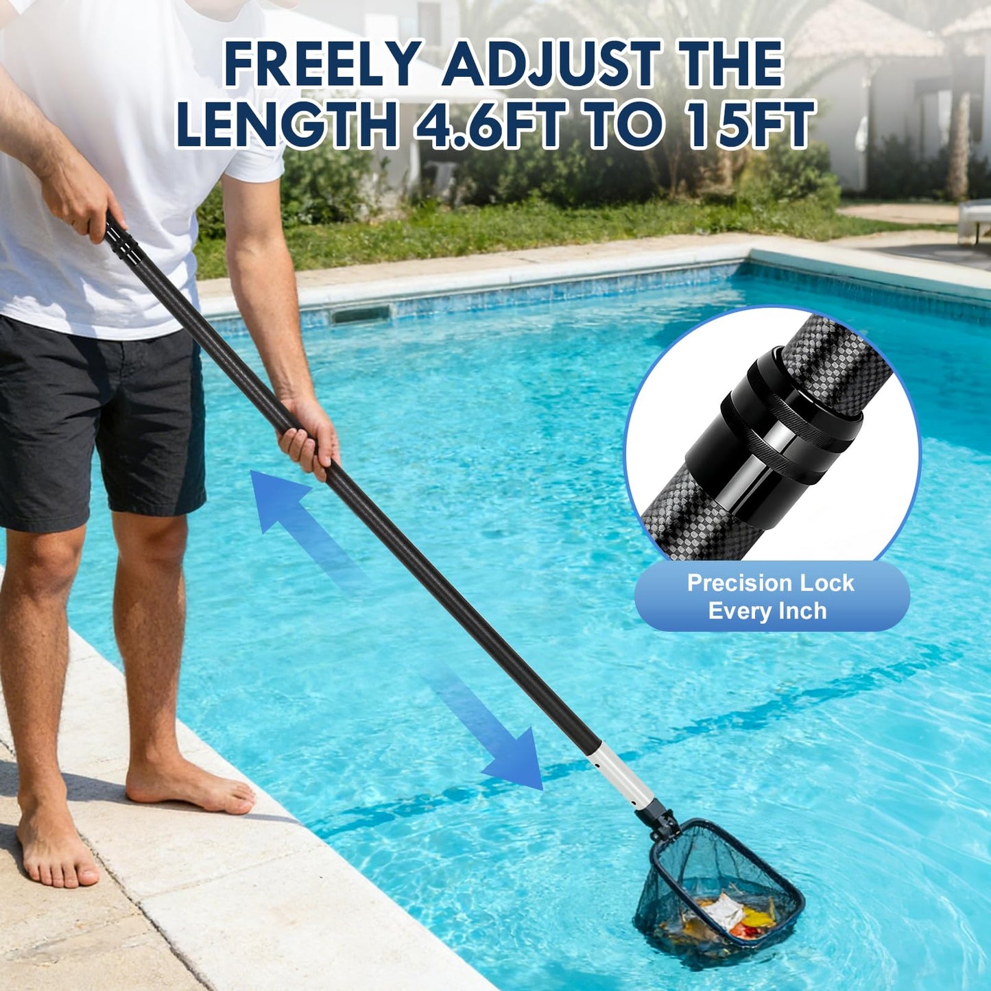 CROHDLE New Carbon Fiber Pool Pole Telescopic, 4.6-15 FT Lightweight Adjustable Extension Poole Pole, Professional Telescoping Swimming Pool Cleaning Poles, for Brushes, Vacuum, Nets, Skimmers