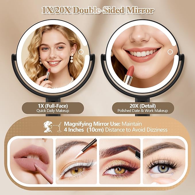 Makeup Mirror with Lights, Double Sided 1x/20x Magnifying Mirror with Light, Rechargeable 3 Color Lights and Adjustable Brightness, 360° Rotation Detachable Comes with Tweezer(Black)