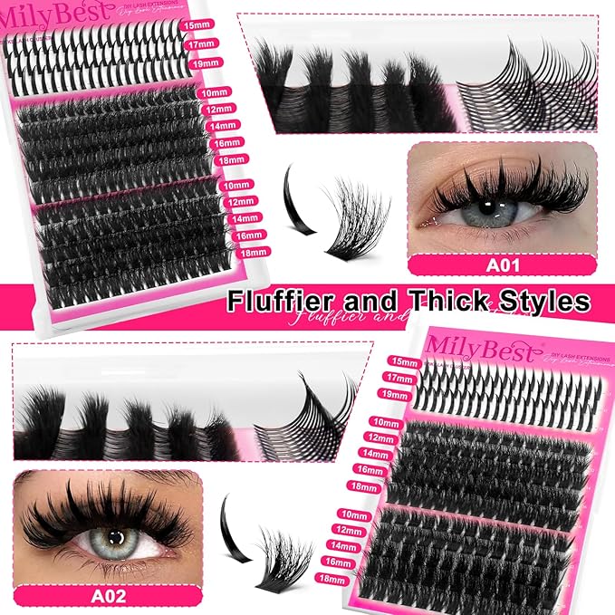 MilyBest Lash Clusters Kit with Spikes/Bottom Lashes Clusters 792Pcs Wispy DIY Lash Cluster Kit 4 Styles Curl Individual Eyelashes Pack with 2 Bond&Seal Volume Bulk Cluster Eyelash Extensions Kit
