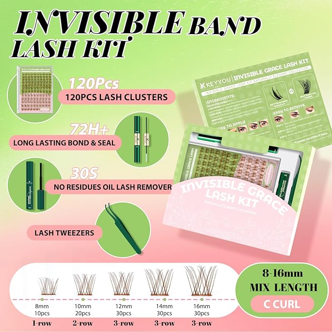 KEYYOU Venus Brown Lash Clusters Kit Fairy Lash Extension Kit C Curl 120Pcs 8-16MIX Eyelash Extension Wispy Natural Invisible Band Lash with Waterproof DIY Lash Extension Kit at Home