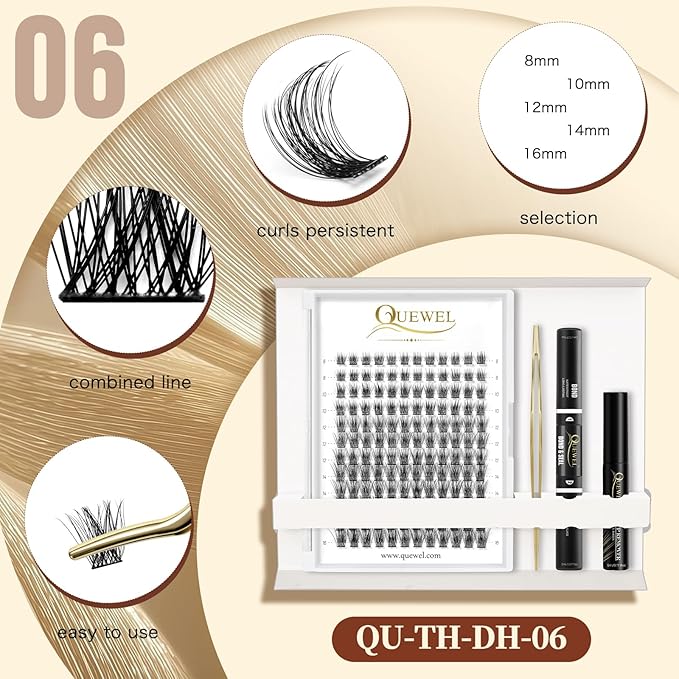 QUEWEL DIY Eyelash Extensions Kit, Lash Clusters 144 Pcs, Clusters Eyelash Applicator Tool, Super Hold Cluster Lashes Bond and Seal, Glue Remover Easy to Apply at Home(S012-Kit)