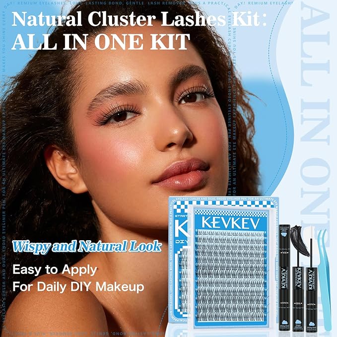 KEVKEV Wispy Lash Clusters Kit Invisible Thin Band Natural Eyelash Clusters 8-16mm Lash Extension Kit Mix Length Natural Look Cluster Eyelash Extensions With Lash Bond Lash Tweezers DIY Lash At Home
