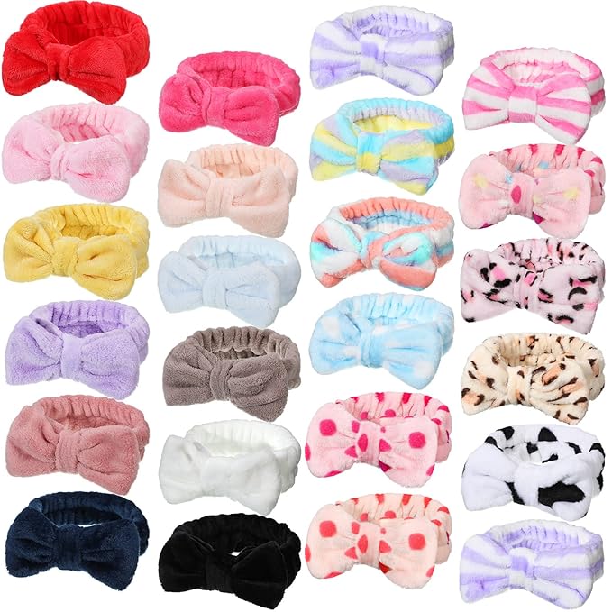 Jexine 24 Pcs Facial Spa Headband Makeup Headbands Bulk Bow Hair Head Band Fluffy Plush Spa Headband for Women Washing Face Shower Cleansing(polka dots color,Stylish Style)