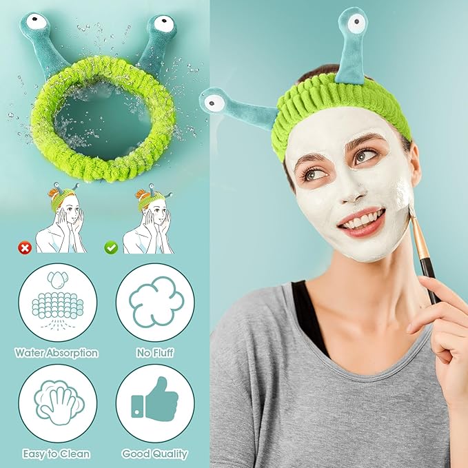 Face Wash Headband, Palm and Snail Spa Hair Bands Makeup Headbands Women Cartoon Cute Coral Fleece Elastic Headband Creative Hair Accessories for Washing Face Shower Sports (Dark green/Light green)