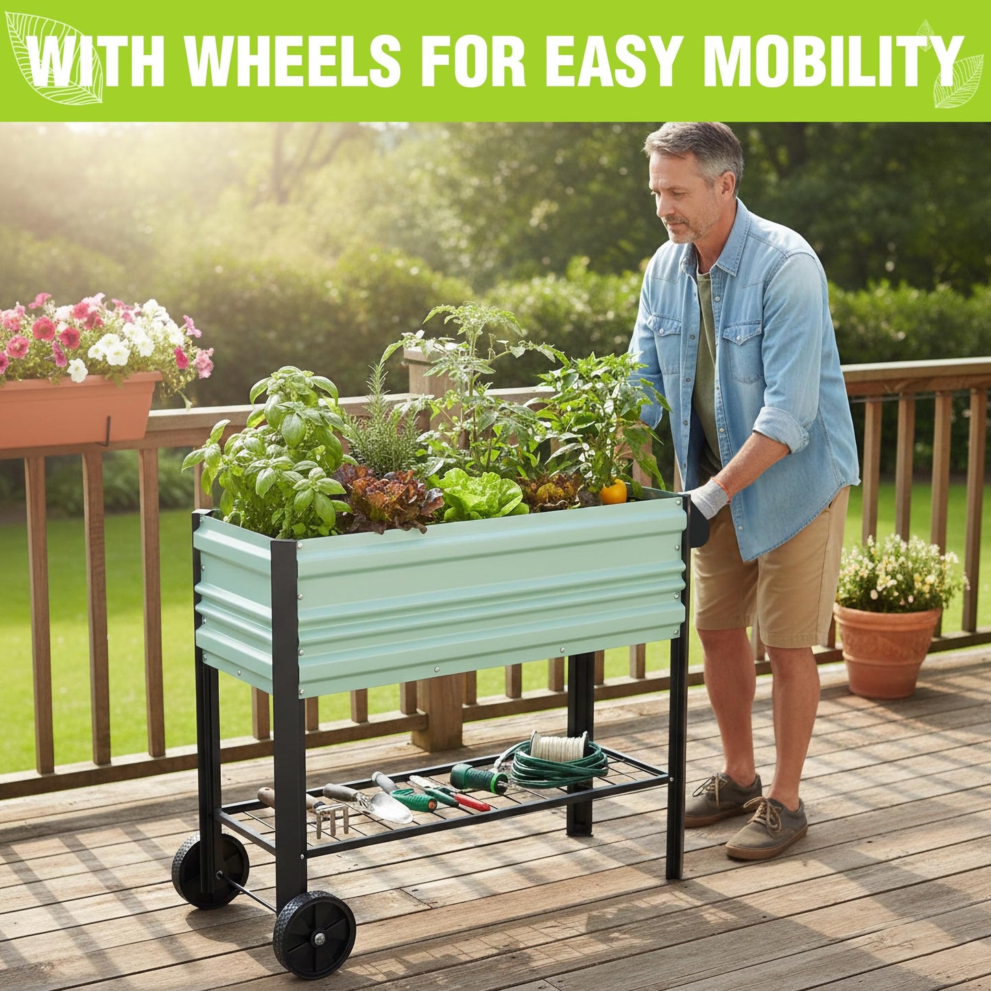 WORKPRO Galvanized Raised Garden Bed with Legs & Wheels, 37x14.6x31.6in, 400LB Capacity Elevated Planter Box for Garden, Backyard, Patio & Deck, Light Green