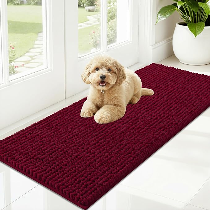 OLANLY Dog Door Mat for Muddy Paws 47x20, Ultra Absorbent Chenille Mud Doormat, Non-Slip Washable and Dirt Trapping Doormat for Indoor Entryway, Quick-Dry Indoor Pet Bed Mats for Dogs, Burgundy