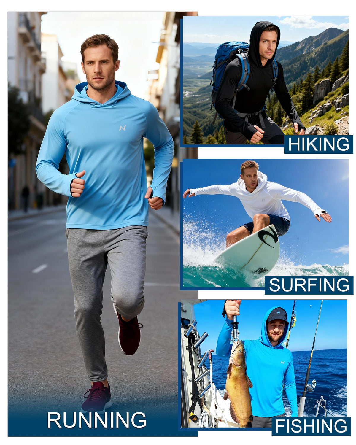 isnowood Sun Shirt UPF 50+ Men's Fishing Long Sleeve UV Protection Hoodie Hiking Rash Guard Swimming Running Blue Purple