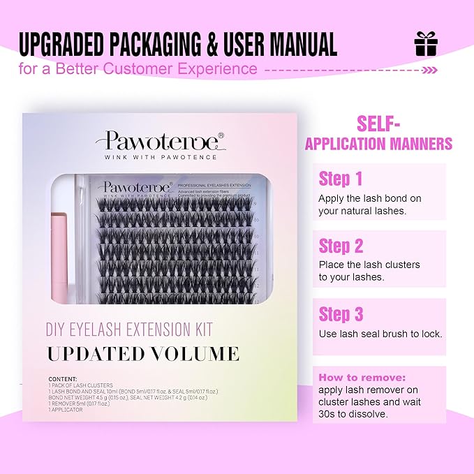 Pawotence Lash Extension Kit DIY 280pcs Individual Lash Clusters Kit 9-16mm 40D Cluster Eyelash Extension Kit with Lash Bond and Seal, Lash Remover, Lash Tweezers for Self Use (40D, 9-16mm, All Kit)