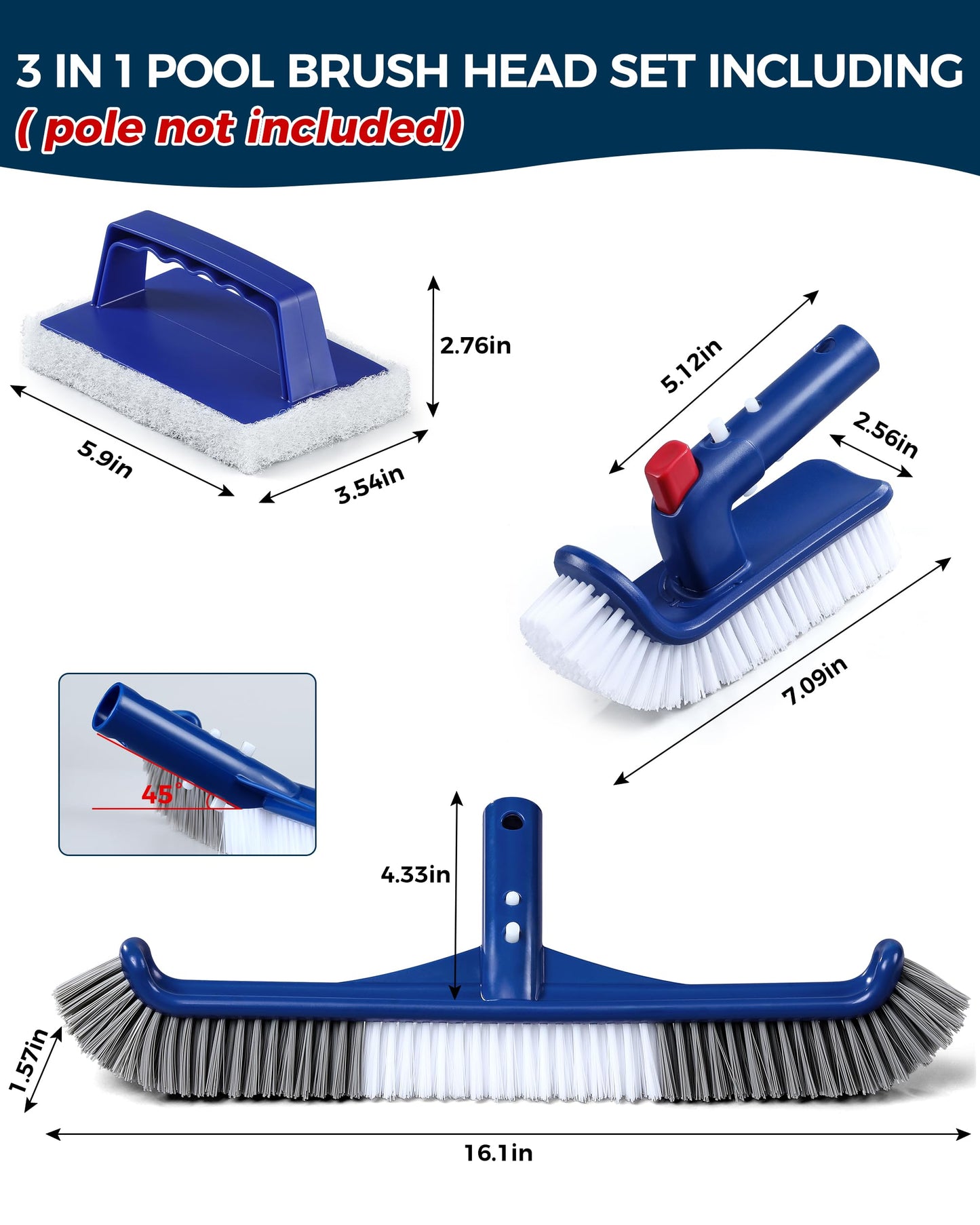 3-in-1 Full-Coverage Pool Brush Head Set - Includes 17.5" Long Brush, Rotatable Handheld/Extension Pole Brush, Sponge Brush, Durable Scrubber Brush Set for Pool Floors/Corners/Steps