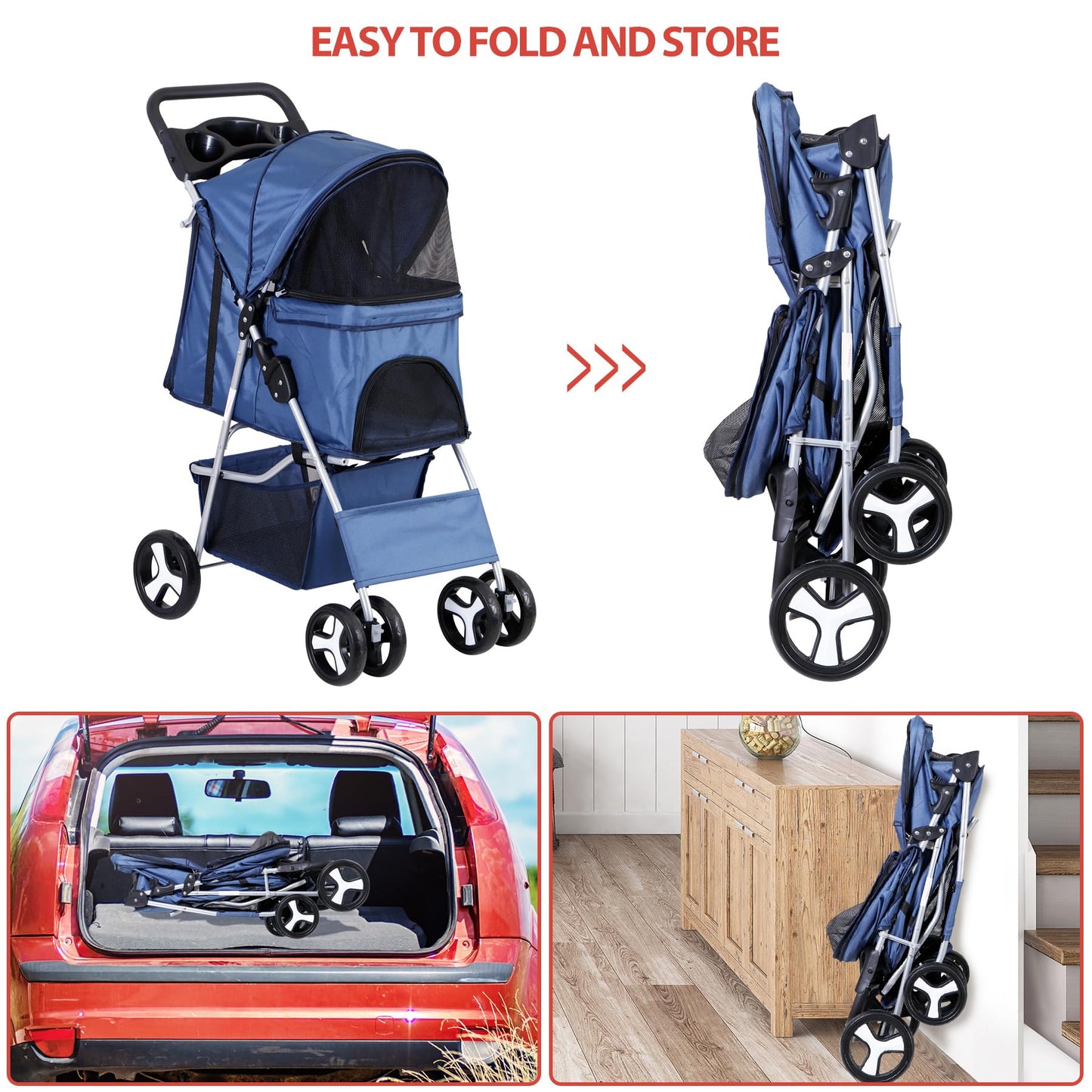ZENY Foldable Pet Stroller, Cat/Dog Stroller with 4 Wheel, Pet Travel Carrier Strolling Cart with Storage Basket, Cup Holder (Navy Blue)