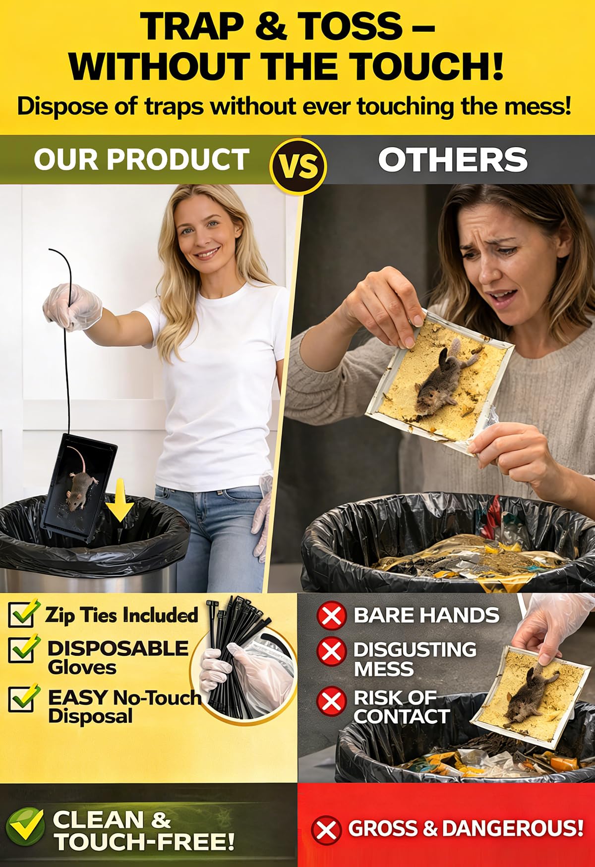 Large Rat Glue Traps for House Indoor 12 Pack – Touch-Free Zip Ties & Gloves Included Bulk Glue Traps for Mouse, Spiders, Snakes, Mice with Enhanced Adhesive, Pre-Baited Formula for Pest Control