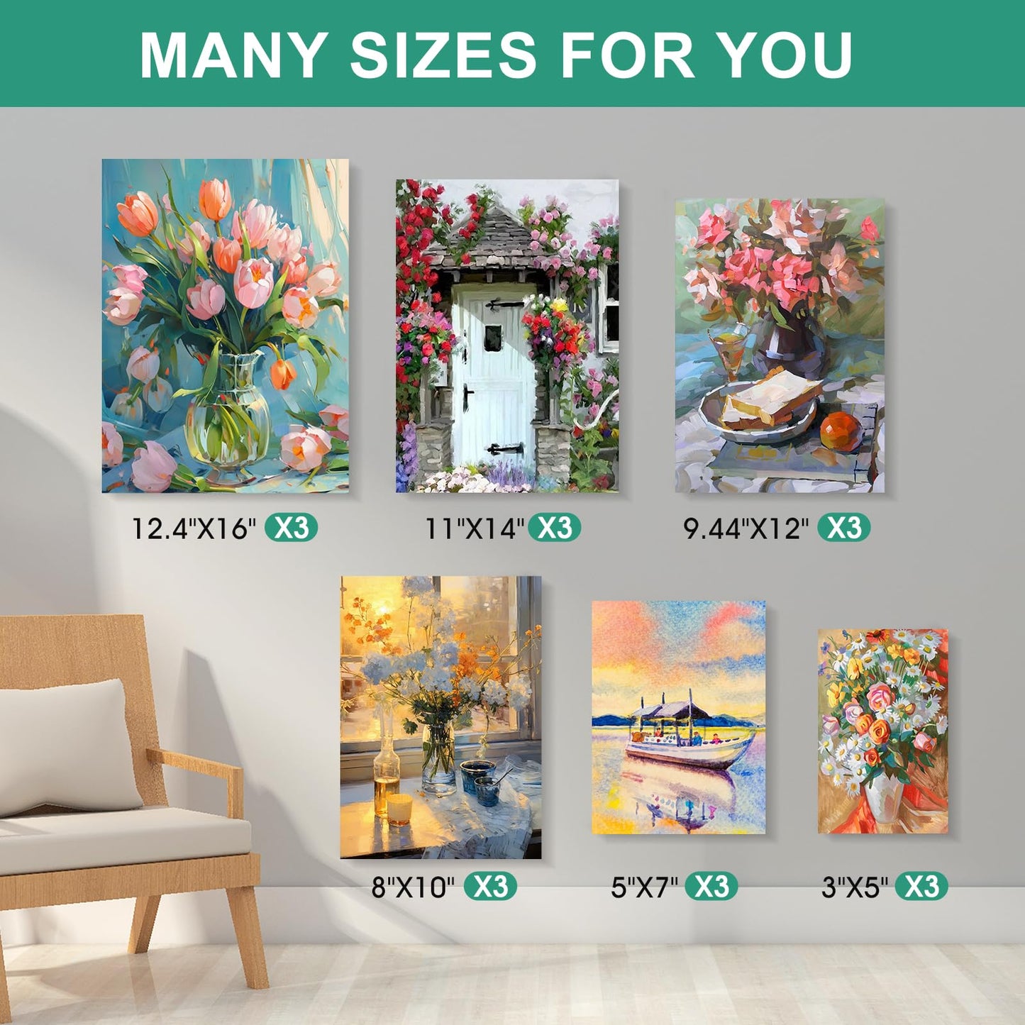 ESRICH Stretched Canvas for Painting,18 Multi Pack Blank Canvases for Painting 12x16, 11x14, 9x12, 8x10, 5x7, 3x5, Cotton Primed Painting Canvas for Oil, Acrylic Paint, for Beginners, Artists.