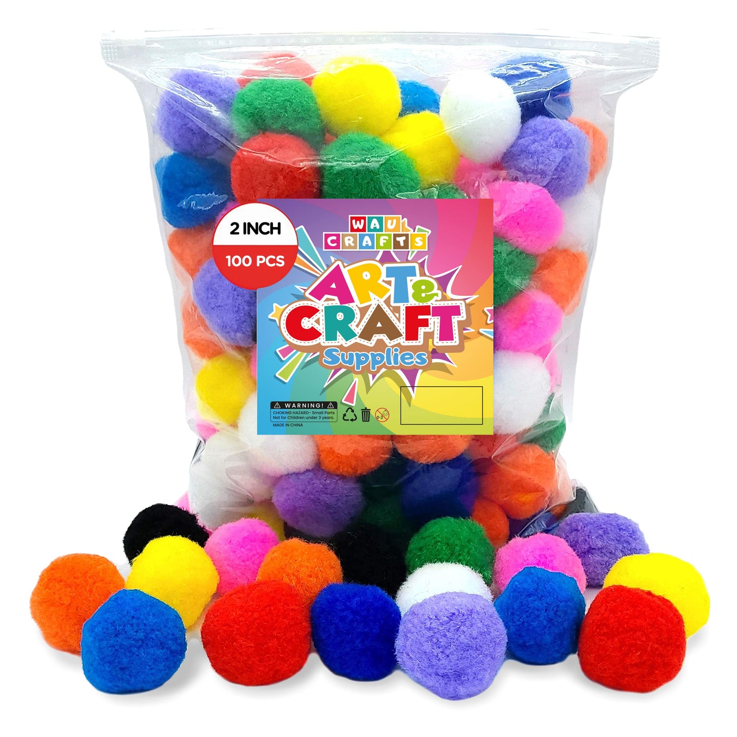 100pcs 2 inch - WAU Craft Pom Pom Balls Multicolored Large Pompoms for Crafts Art DIY Project in Reusable Zipper Bag