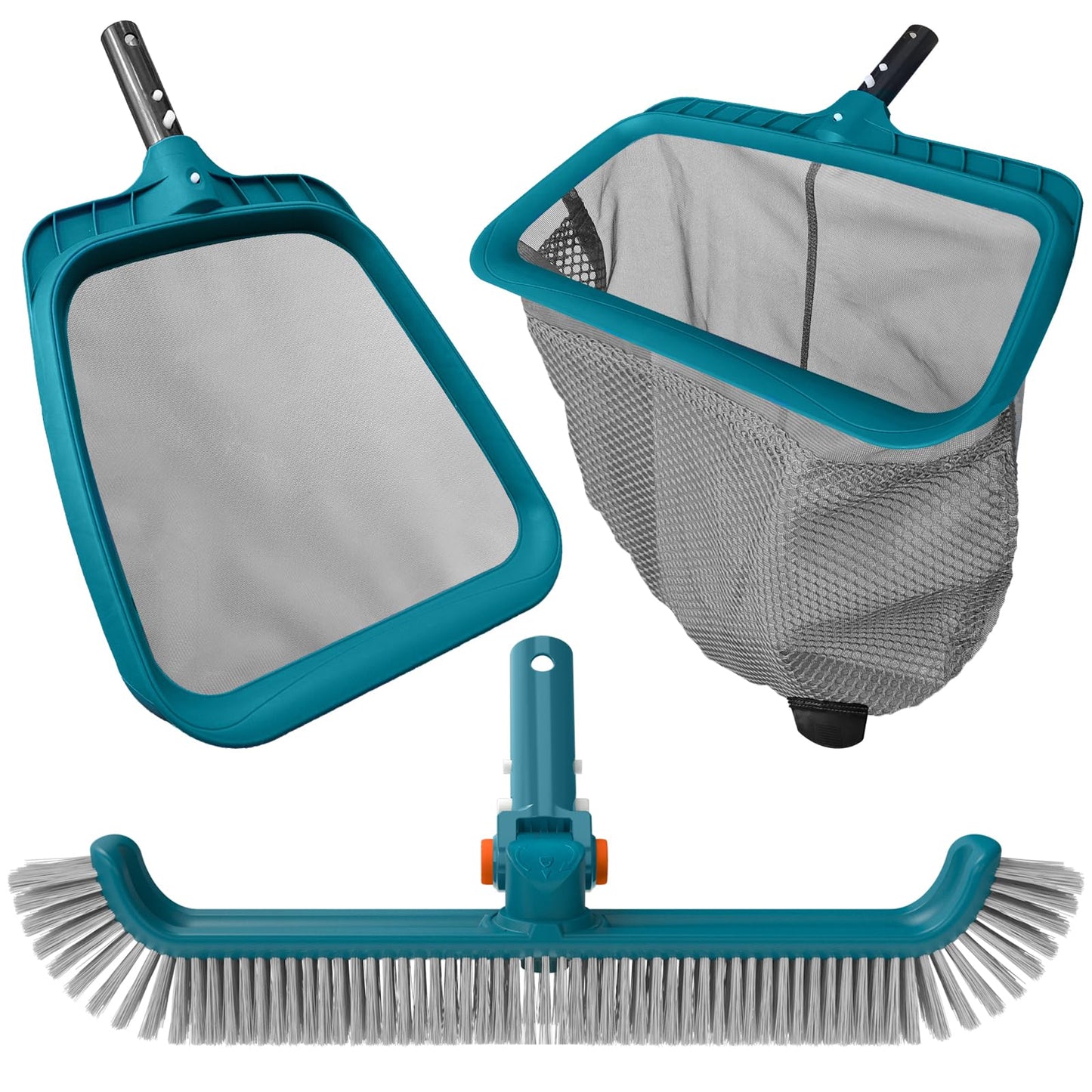 Economy Swimming Pool Cleaning Kit - Fine Mesh Deep Pool Rake & Leaf Skimmer Net, Rotatable Pool Brush Head for Cleaning Above Ground & Inground Pools (No Pole)