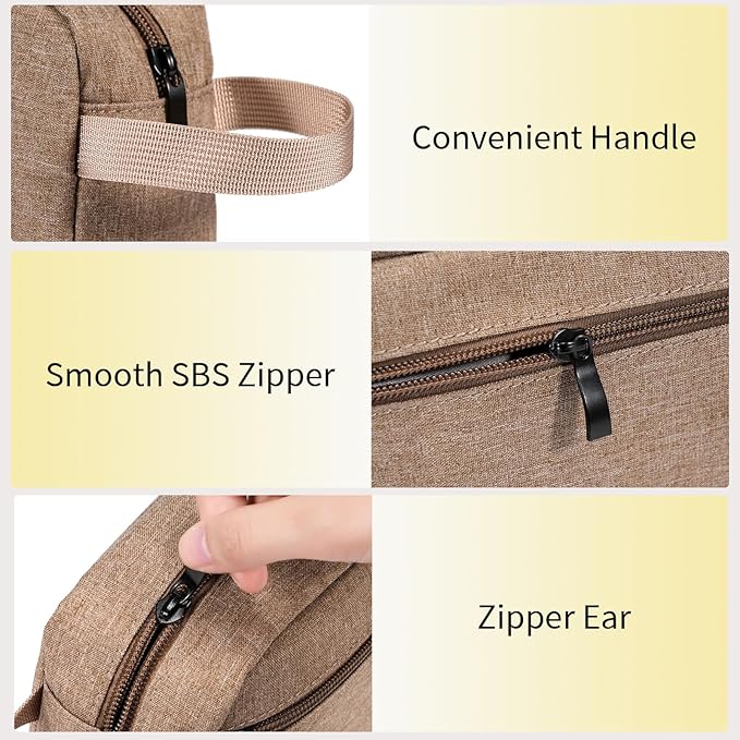 Travel Hanging Toiletry Bag with Carry Handle - Water-Resistant Small Cosmetic Organizer for Men & Women, Makeup, Shaving Kit, Gym & Travel Essentials (Camel)