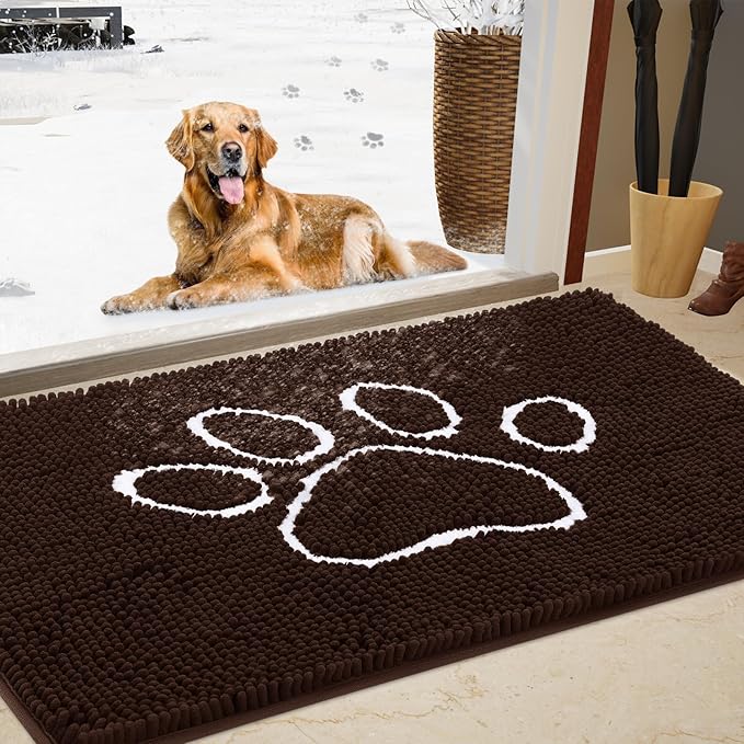 Dog Door Mat for Muddy Paws, Pet Rug Chenille Absorbent Outdoor Doormat 36"x 24", Non Slip Heavy Indoor Doormat Soft Front Inside Doormats for Entryway, Mud Paws, Patio,Dog Paw Brown