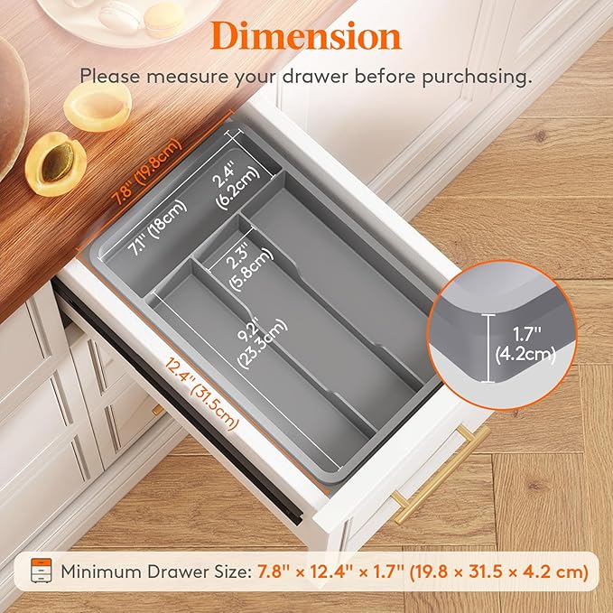 Lifewit Silverware Drawer Organizer Tray, Plastic Cutlery Storage for Kitchen, Flatware and Utensil Holder Divider for Spoons Forks Knives Tableware, 7.8 x 12.4", 4 Slots, Gray