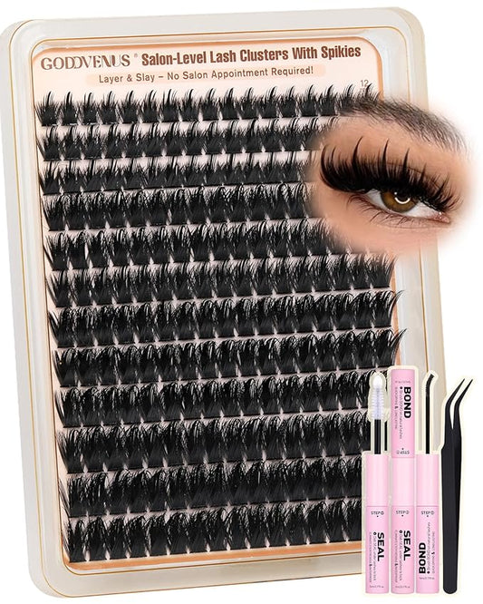 Manga Lash Clusters Kit with Spikes Wispy Fluffy Cluster Eyelash Extensions Kit Anime Eyelashes Clusters Reusable Faux Mink Fairy Individual Lash Extension Kit (D Curve 12-18mm 204 pieces)
