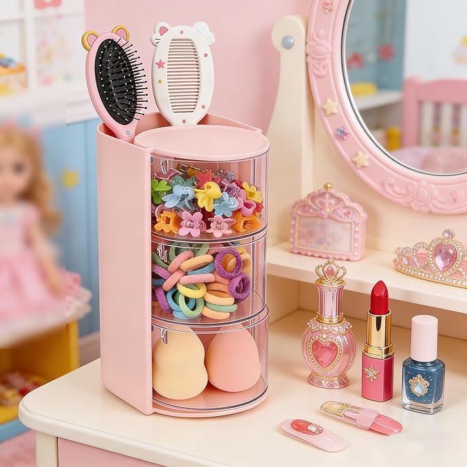 Hair Accessories Organizer for with Hair Brush Holder, Divided Rotatable Makeup Easy Organization of Hair Clips, Rings, Earrings, Makeup Brushes, Hair Clip and Hair Accessories (Pink, 3-Layer)