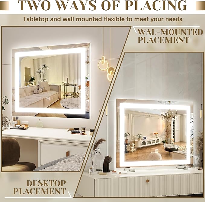 ROLOVE 22x20 Inch Lighted Vanity Mirror, 3-Mode Touch Dimming LED Lighting, Large Makeup Mirror for Dressing Room, Tabletop or Wall-Mounted, White