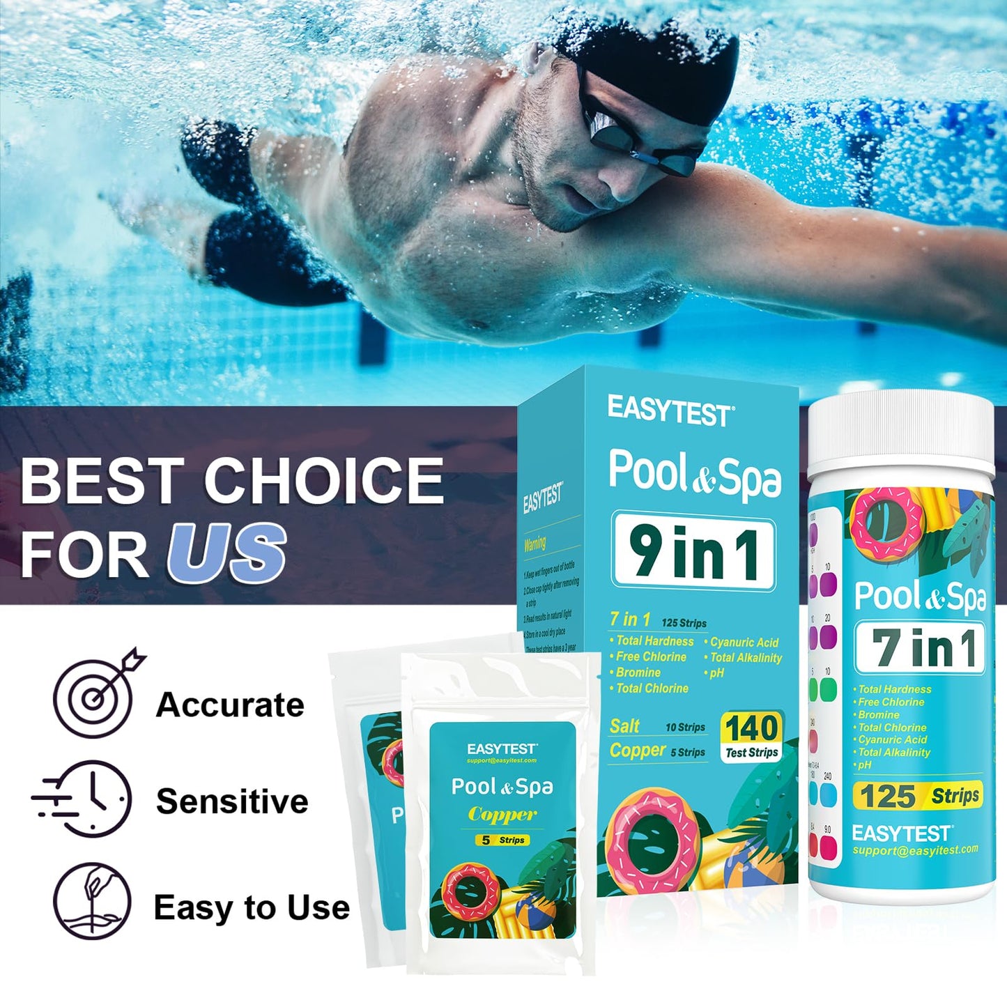 EASYTEST 9-Way Pool Test Strips, 140 Strips for Hot tub and Spa, Accurate Testing pH, Total Chlorine, Free Chlorine, Bromine, Alkalinity, Total Hardness, Cyanuric Acid, Salt and Copper