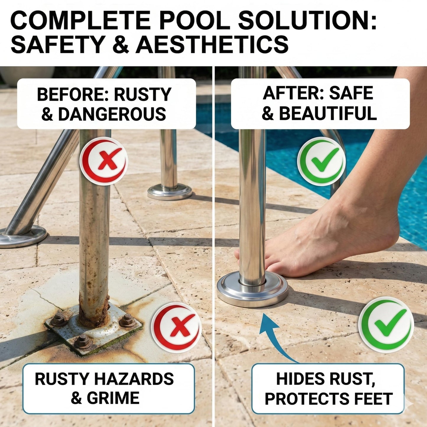 Stainless Steel Pool Handrail Covers, Fits 1.9" Tubing, Rust-Proof Escutcheon Plates & Safety Trim Rings for Deck Anchors, 304 Stainless Steel, Mirror-Polished Finish (4)