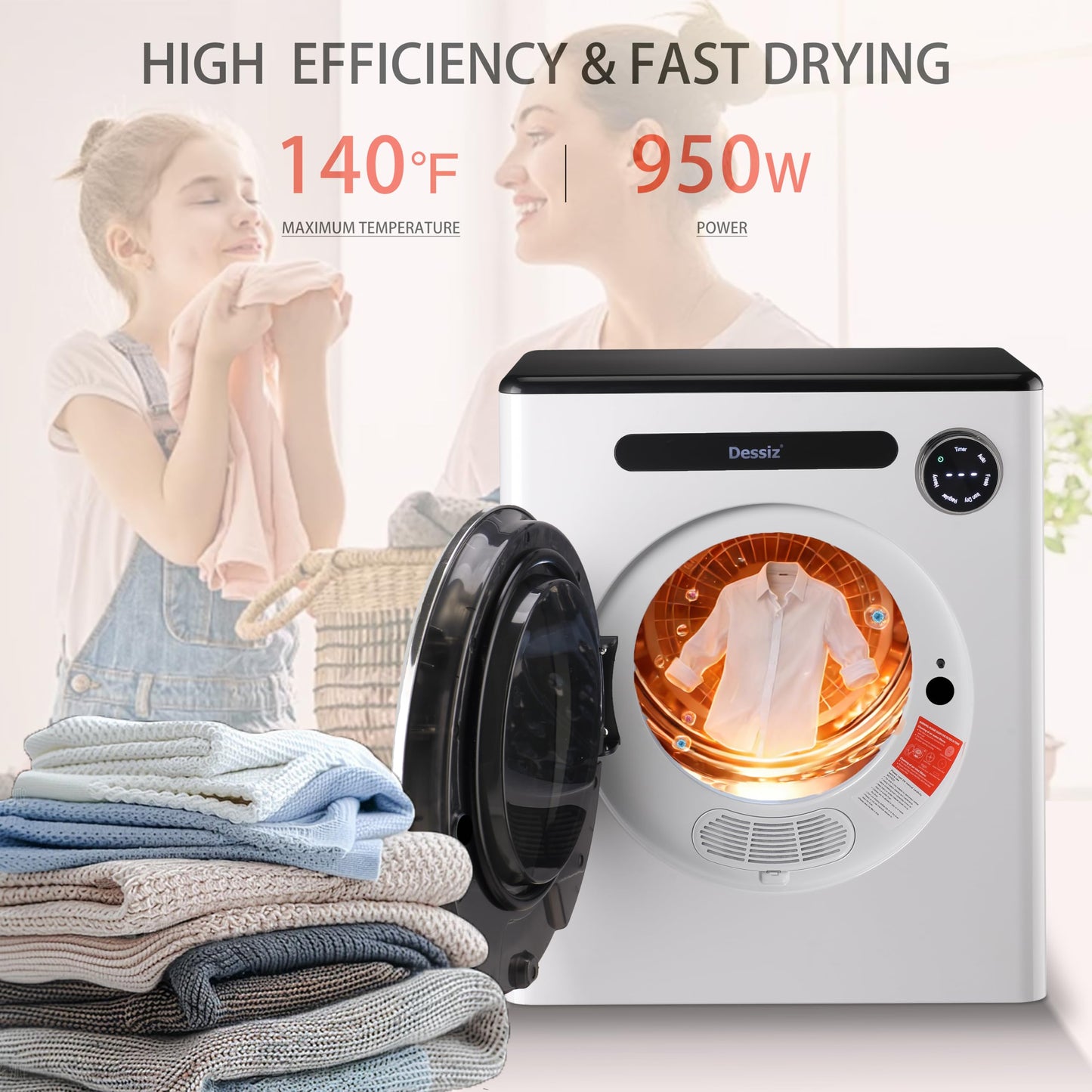 Dessiz 110V Clothes Dryers 950W Compact Dryer 1.6cu.ft Front Load Stainless Steel 11lbs Electric Dryers Machine with Exhaust pipe for Apartment,RVs,Dorms,Auto Stop and Easy Control