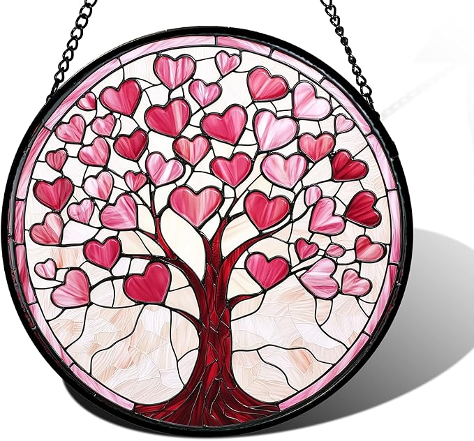 DASTOLL Stained Glass Window Hanging, Pink Love Heart Tree Suncatcher Hangings Beige Sun Catchers Decor for Birthday Holiday for Women, Men, Wife, Aunt, Mom 9.8IN