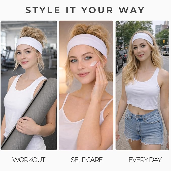 Styla Hair Headbands for Women Stretch Fashion Head Bands 10 Pack Non-Slip Head Wraps Great for Spa, Sports, Yoga, Pilates, Running, Gym Headband, Workouts (White)