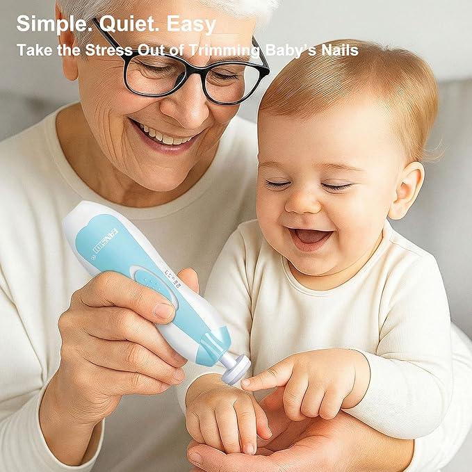 Fansidi Upgraded Baby Nail Trimmer Electric | Easy & Safe Baby Nail File, Precise 4-Stage Gentle Nail Buffer + Nail Clippers for Newborn to Toddler, with 18 Grinding Heads & Soft LED Light, Blue