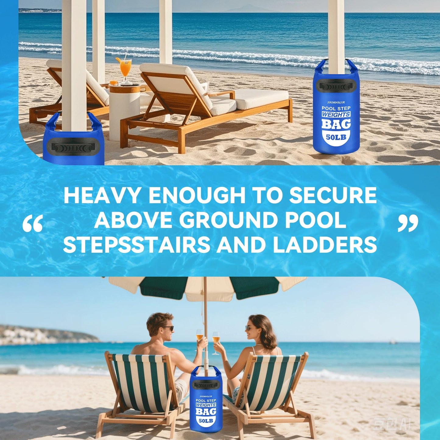 2 Pack 50lb Heavy Duty Pool Ladder Weights, Universal Above Ground Pool Step Sand Bags with Handles, 500D PVC Durable Waterproof & Foldable Sandbags for Swimming Pool Stairs (Navy Blue)