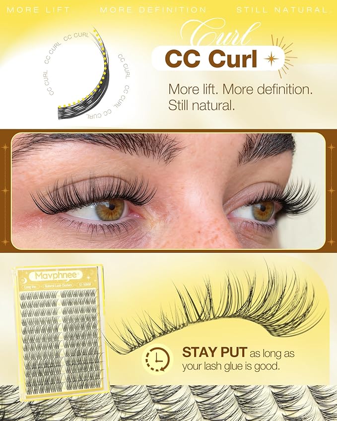 Lash Clusters 12-14-16MM Natural Cluster Eyelash Extensions with CC-Curly & Clear Band Wispy Pestañas Postizas Naturales 144Pcs DIY Lashes For Big Eyes, Natural Yet Noticeable Look