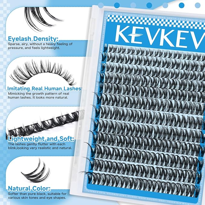 KEVKEV Lash Clusters Kit 144pcs Flora Lashes Clusters 8-18mm Lash Extension Kit Thin Band Eyelash Extension Kit Lash Clusters with Lash Bond and Seal Eyelash Clusters Kit DIY Lash At Home(Kit-K03)