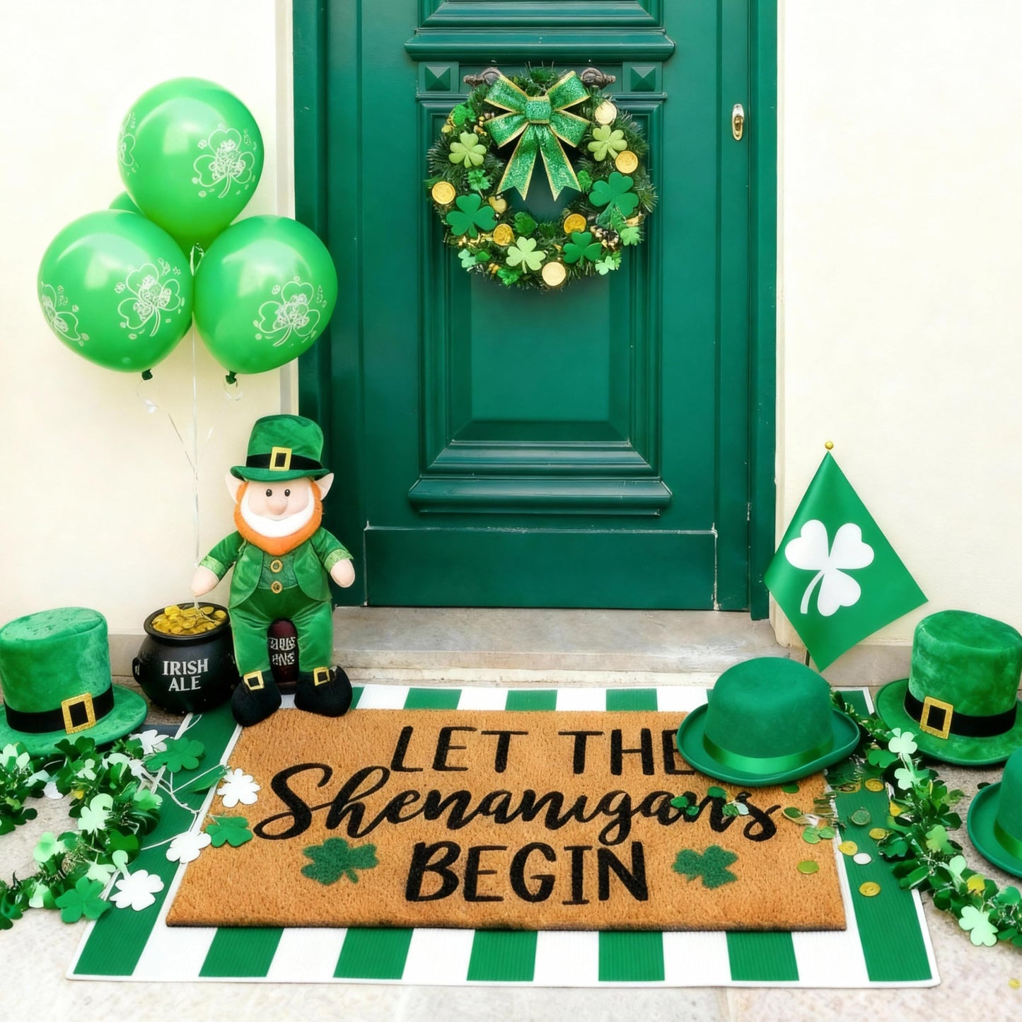 Tinideya 2 Pcs Irish Festival Door Mat Fest Welcome Non Slip Coir Mats Shenanigans Green White Stripe Floor Layering Doormats Seasonal for Front Porch Entryway Decor(Irish Festival)