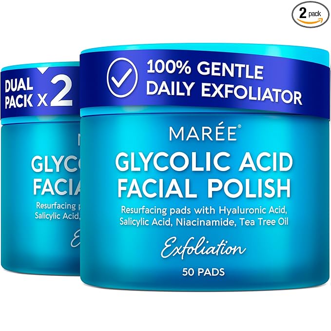 MAREE Glycolic Acid Polishes 2 PACK - Toner Polishes for Face Cleansing - Tea Tree Oil, Salicylic Acid & Vitamins E, B3, B5 - Facial Peel & Radiance Deep Cleaning Effect